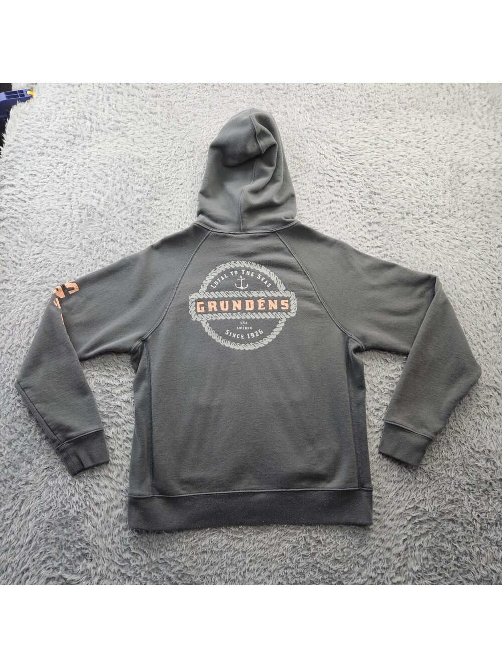GRUNDENS Fishing Hoodie Men Small Gray Heavyweight Pullover Kangaroo Pocket